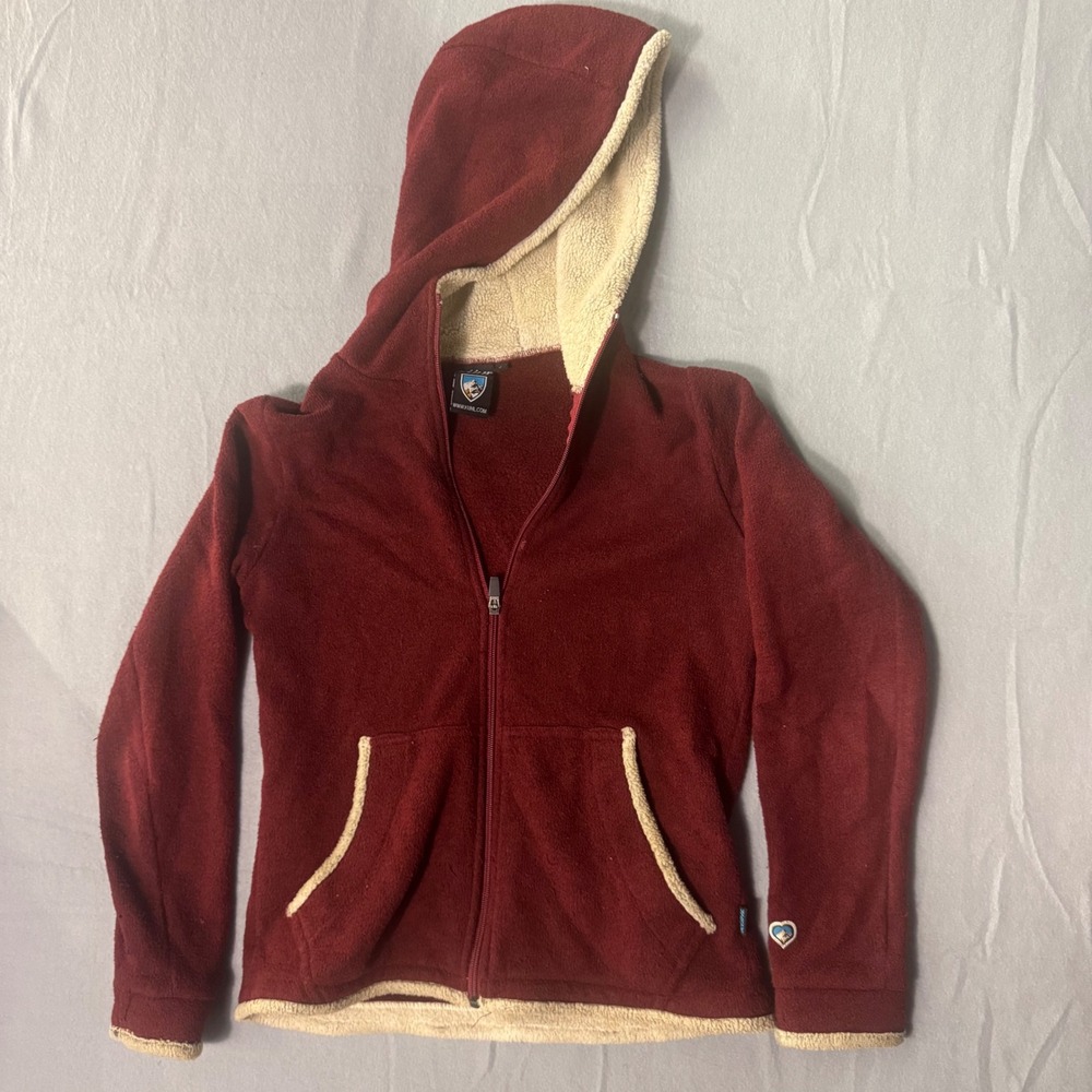 KUHL Womens Small Fleece Full Zip‎ Hoodie Burgundy Shearling Trim Thumbholes